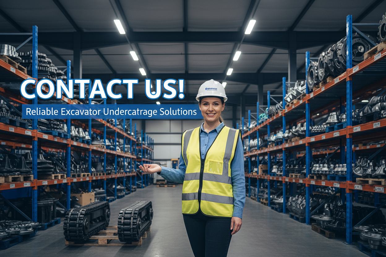 生成一张shopify contact us页面，是一家卖挖掘机底盘零部件的店铺，图片尺寸：1600x400像素，要求有美国白人美女工程师，专业且吸引人，让人想来联系。图片文字信息如下
CONTACT US!
Reliable Excaviator Undercarrage Solutions